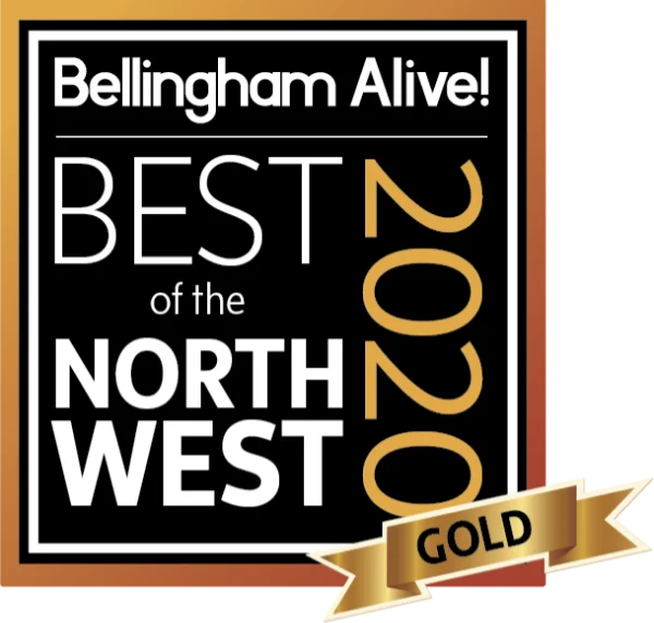 badge-BONW-Winner-2020-Gold Award badge stating 'Bellingham Alive! Best of the Northwest 2020' with a gold ribbon reading 'Gold' across a black frame.
