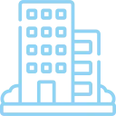 Blue icon of a multi-story office building, representing offices or real estate.